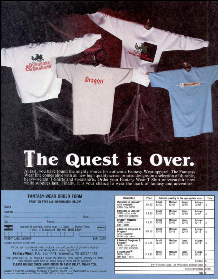 Fantasy-Wear Advert from Dragon #105 (January, 1986)