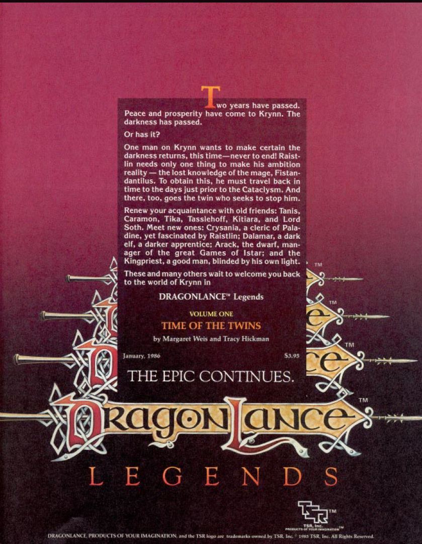 Advert for the Weis and Hickman Dragonlance Novel “Time of the Twins” (Dragon #105, JAnuary 1986)